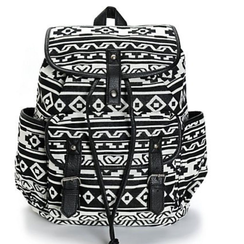 Backpack Canvas Black White Side Pockets Cinch Top Unisex New
